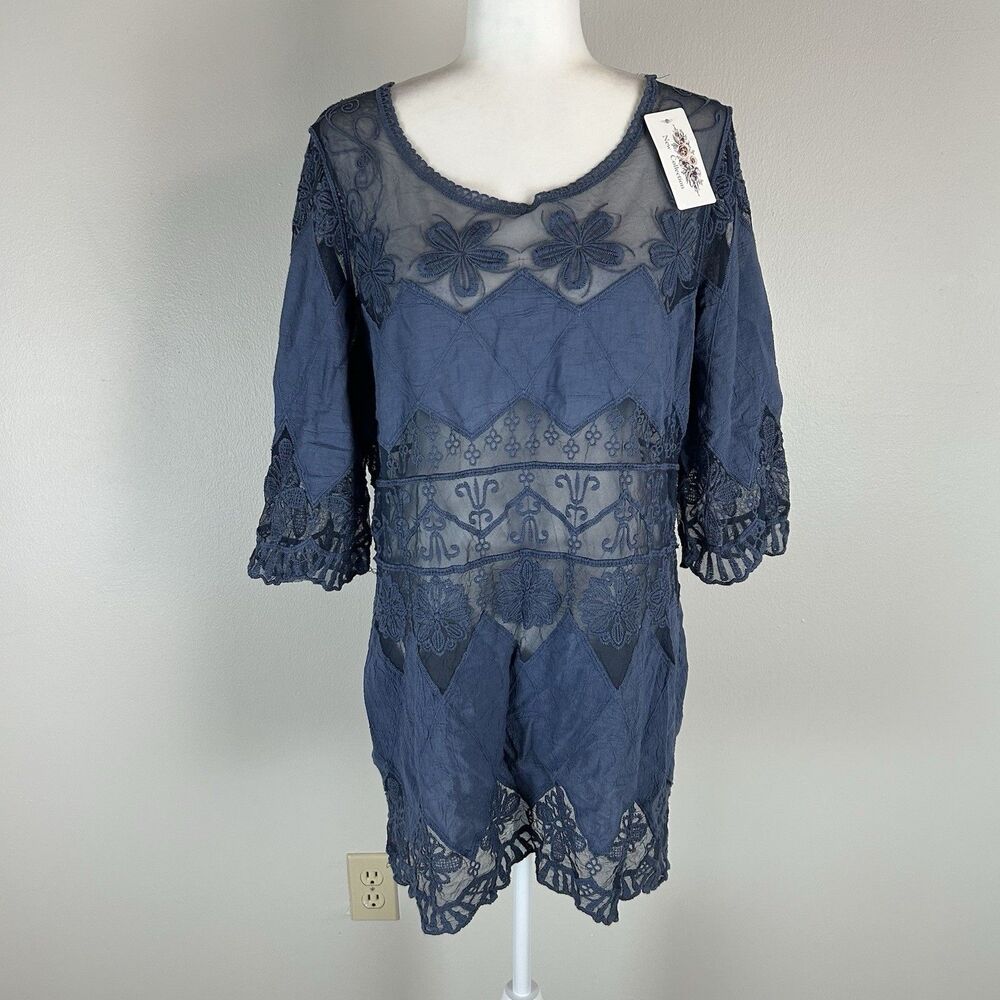 Lace Tunic Top Cover Up Sheer Floral Embroidered Large Boho Folk Beachy